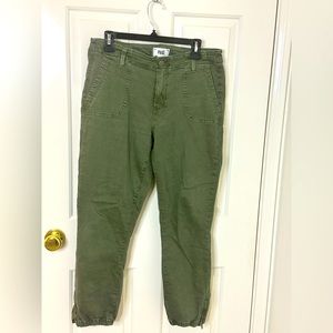 Paige, olive color skinny cargo jeans, size 30, zippers at the bottom
